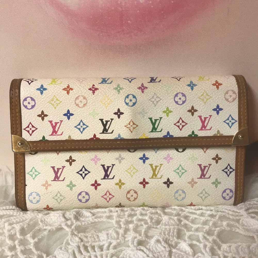 Louis Vuitton multicolor trifold long wallet white